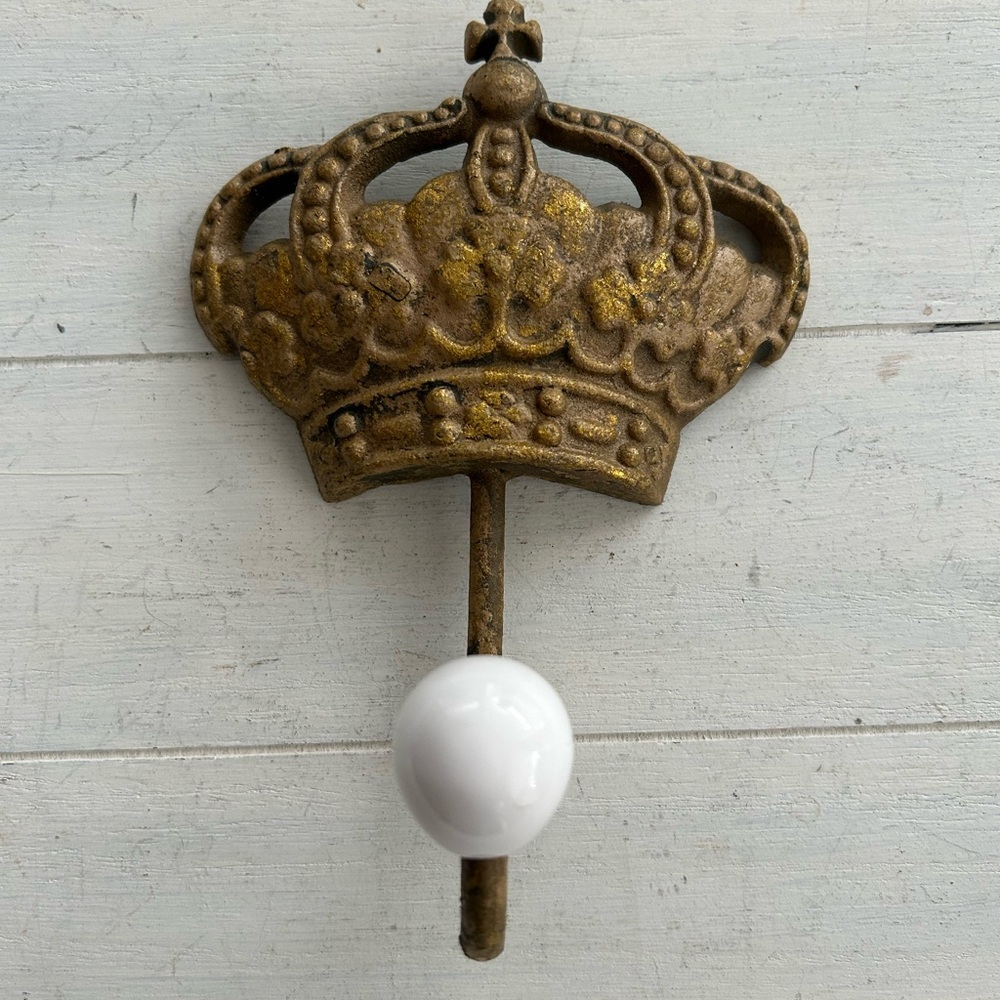 Vintage Cast Iron Crown Wall Hook in Gold and White